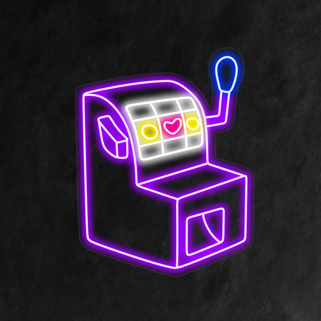 Um letreiro de neon iluminado com uma máquina caça-níqueis vintage clássica, perfeito para criar um ambiente de cassino e adicionar um charme retrô a qualquer espaço