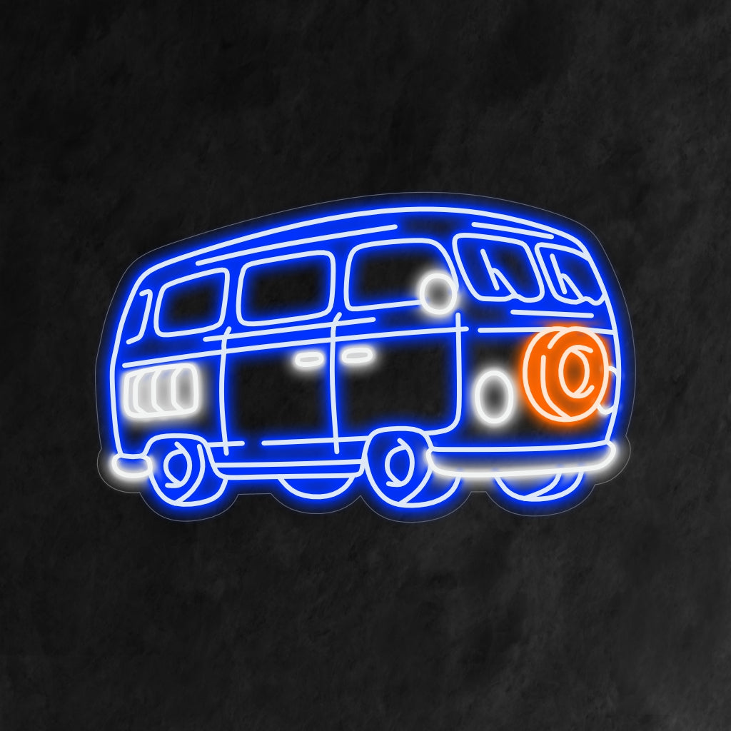 "Vintage Van Neon Sign" evoca vibrações retrô e aventura com sua silhueta clássica, iluminada por um brilho quente e nostálgico.