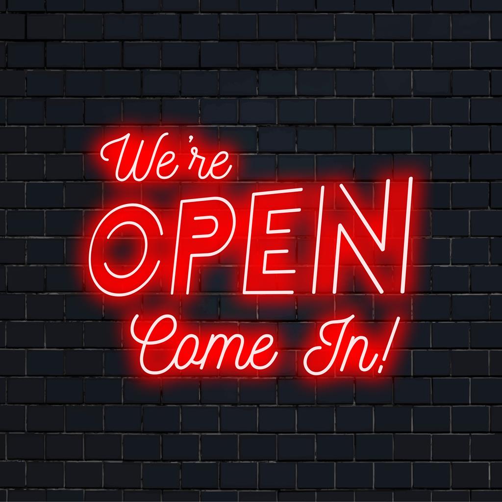 Letreiro de neon LED colorido e personalizado com os dizeres "Estamos abertos, entrem!". Ideal para lojas, cafés e muito mais. Perfeito para decoração em neon.