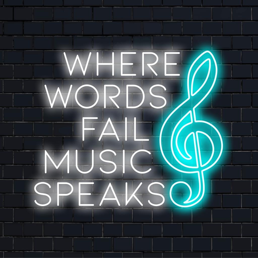 Mensagem iluminada em luzes LED brilhantes: Onde as Palavras Faltam, a Música Fala. Um letreiro de neon cativante com design profundo e expressivo.