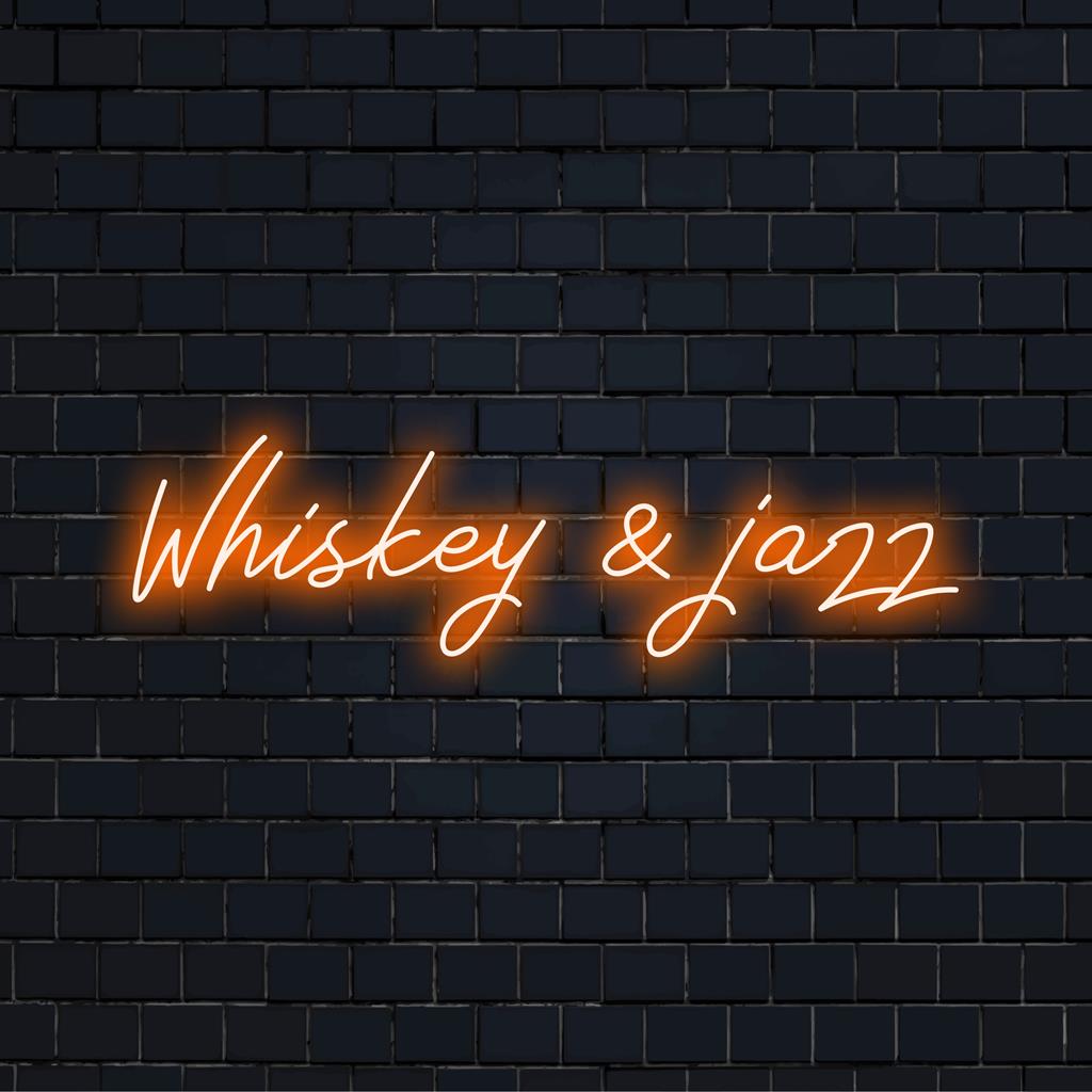 Letreiro de LED neon estiloso e personalizado com estampas de uísque e jazz, perfeito para um bar moderno ou ambiente de caverna.