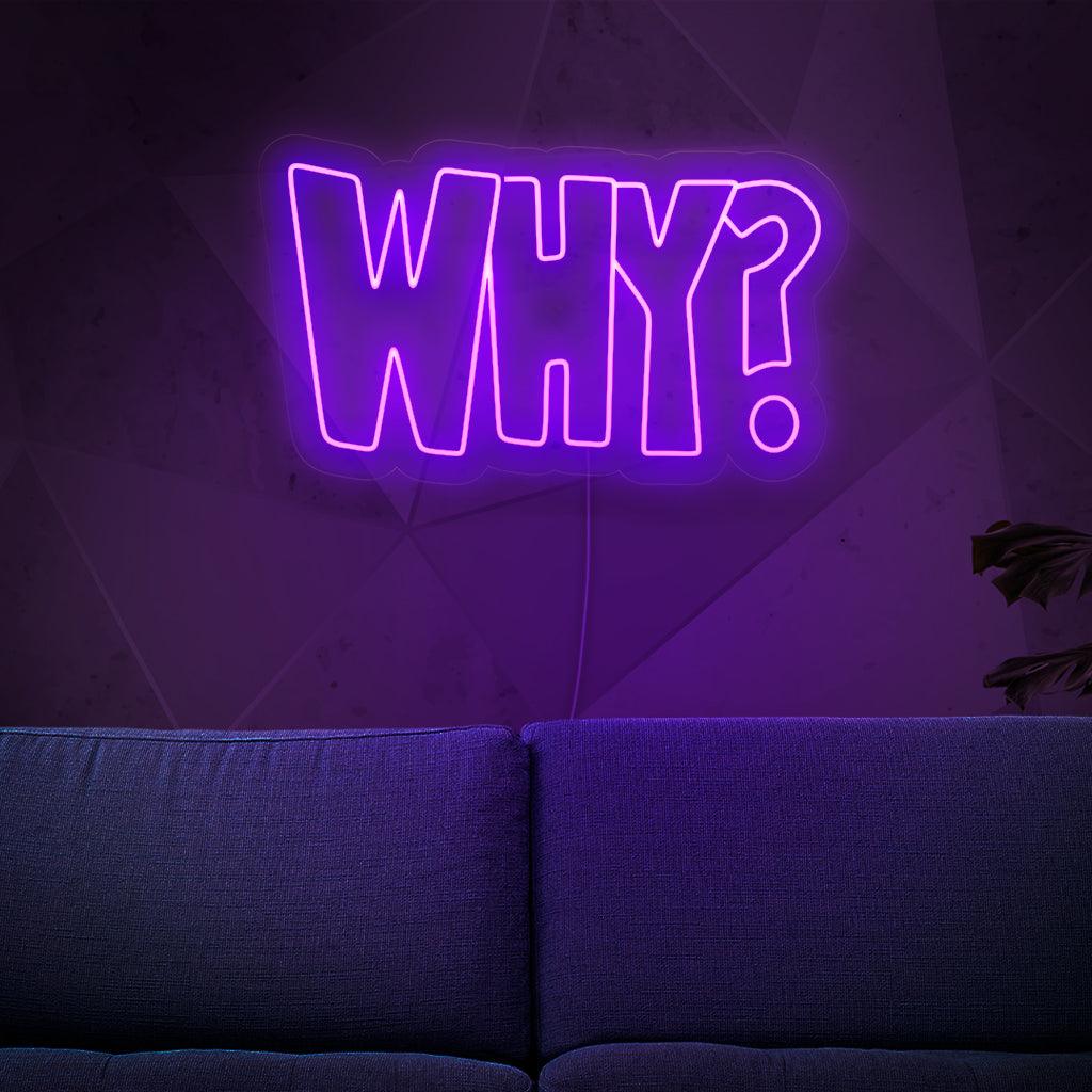 Um letreiro de neon iluminado com a palavra "Por quê", despertando a curiosidade e adicionando um toque de intriga a qualquer espaço