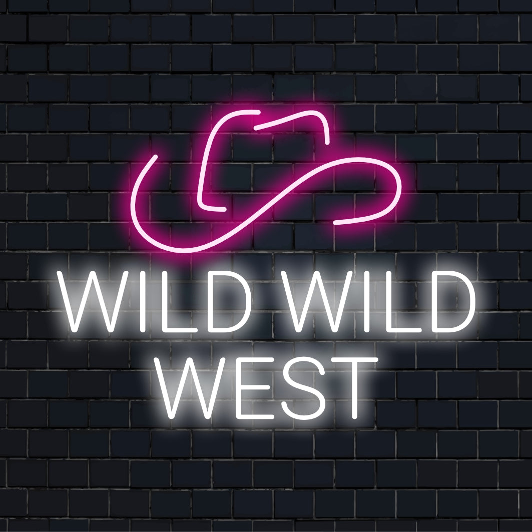 Placa de LED com chapéu de cowboy Wild Wild West; uma mistura perfeita de arte com luz neon e charme rústico para seu espaço.