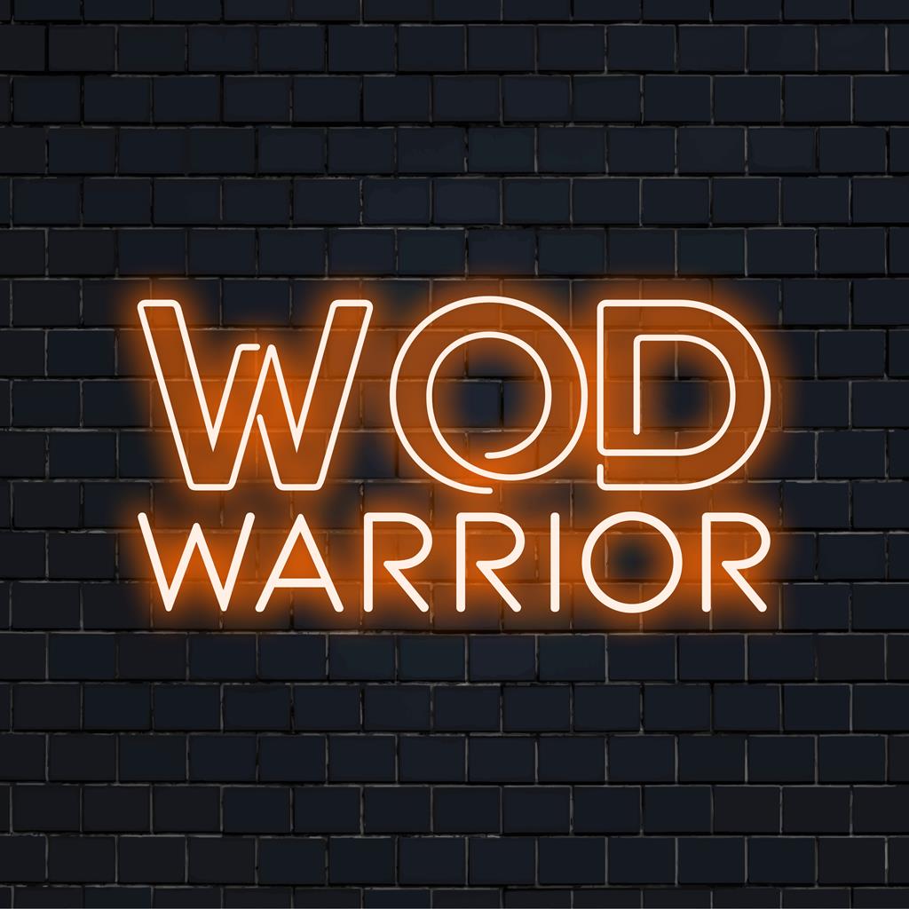 Placa de neon de LED com a frase Wod Warrior em letras em negrito; ideal para entusiastas de arte com citações em neon personalizadas.