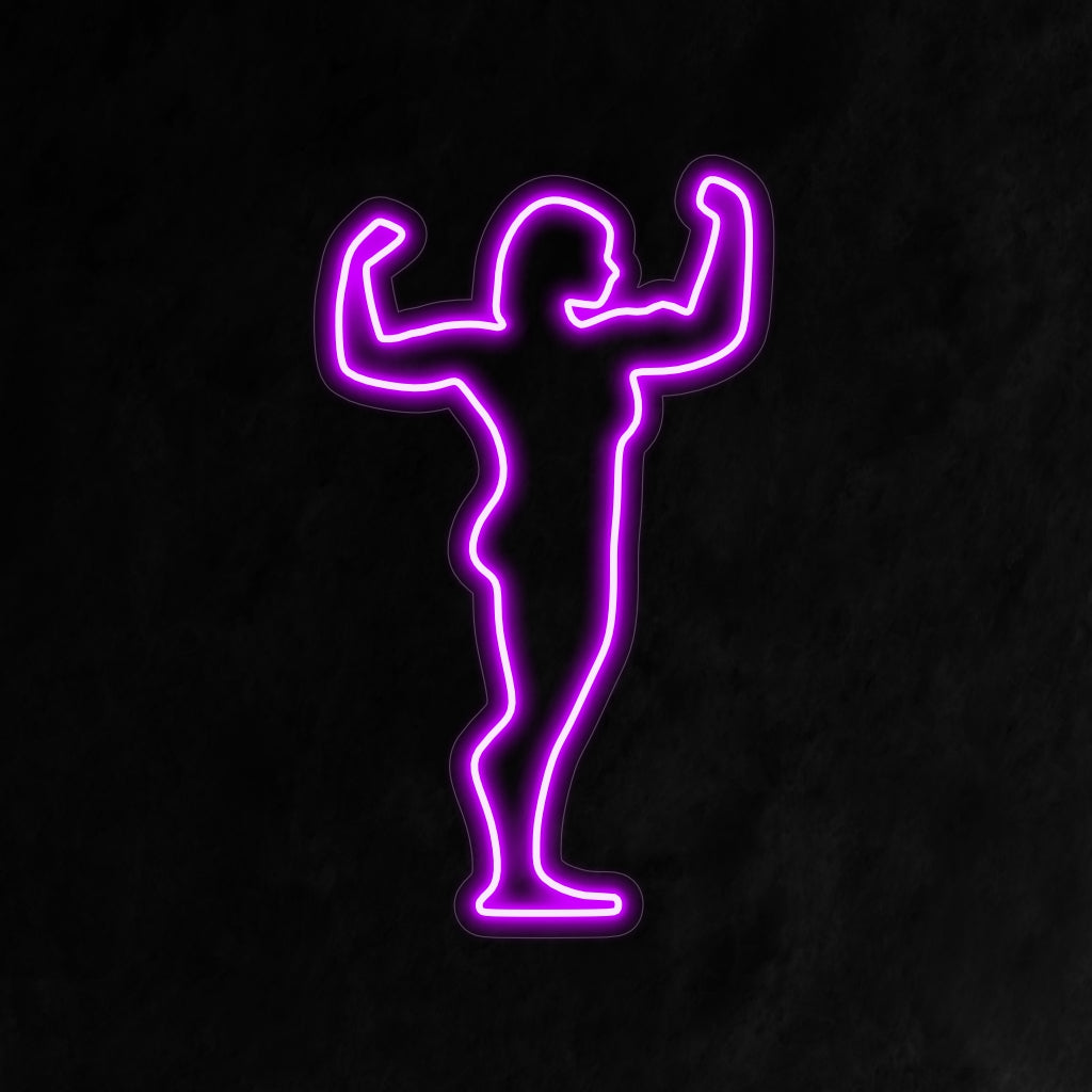 "Placa de neon FleXing para atletas femininas" representa força e resiliência com seu brilho dinâmico, celebrando o atletismo e o empoderamento em seu espaço.