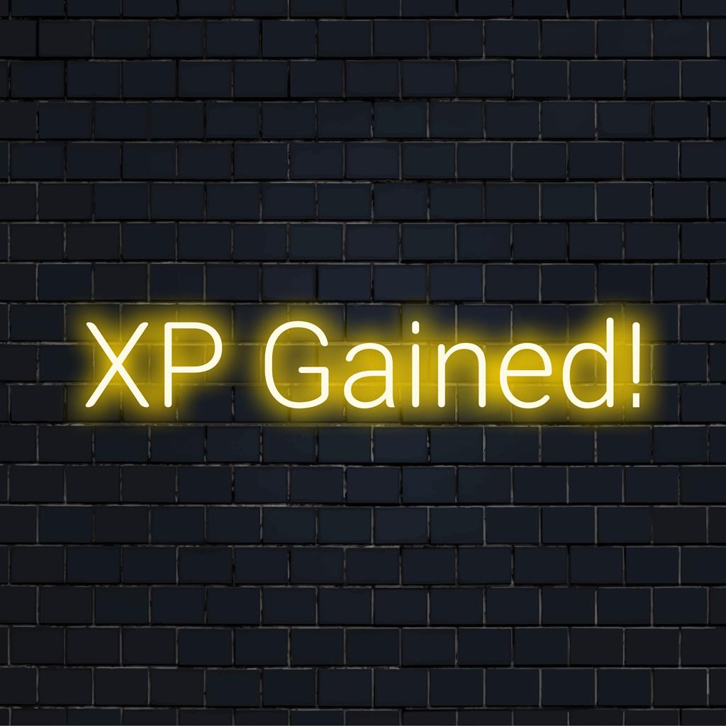 Placa de LED neon personalizada com os dizeres XP Gained! em cores vibrantes; decoração perfeita para espaços gamers e interiores modernos.