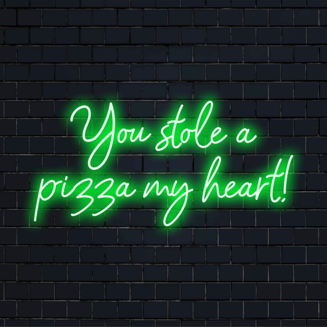 Placa de neon com a frase divertida You Stole A Pizza My Heart, feita com luzes LED vibrantes, perfeita para decoração de parede exclusiva.