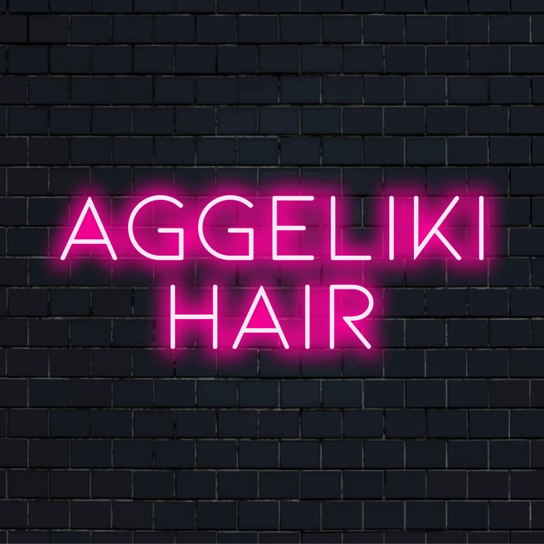Aggeliki Hair Personalized LED Neon Sign, bright neon lettering on black brick background