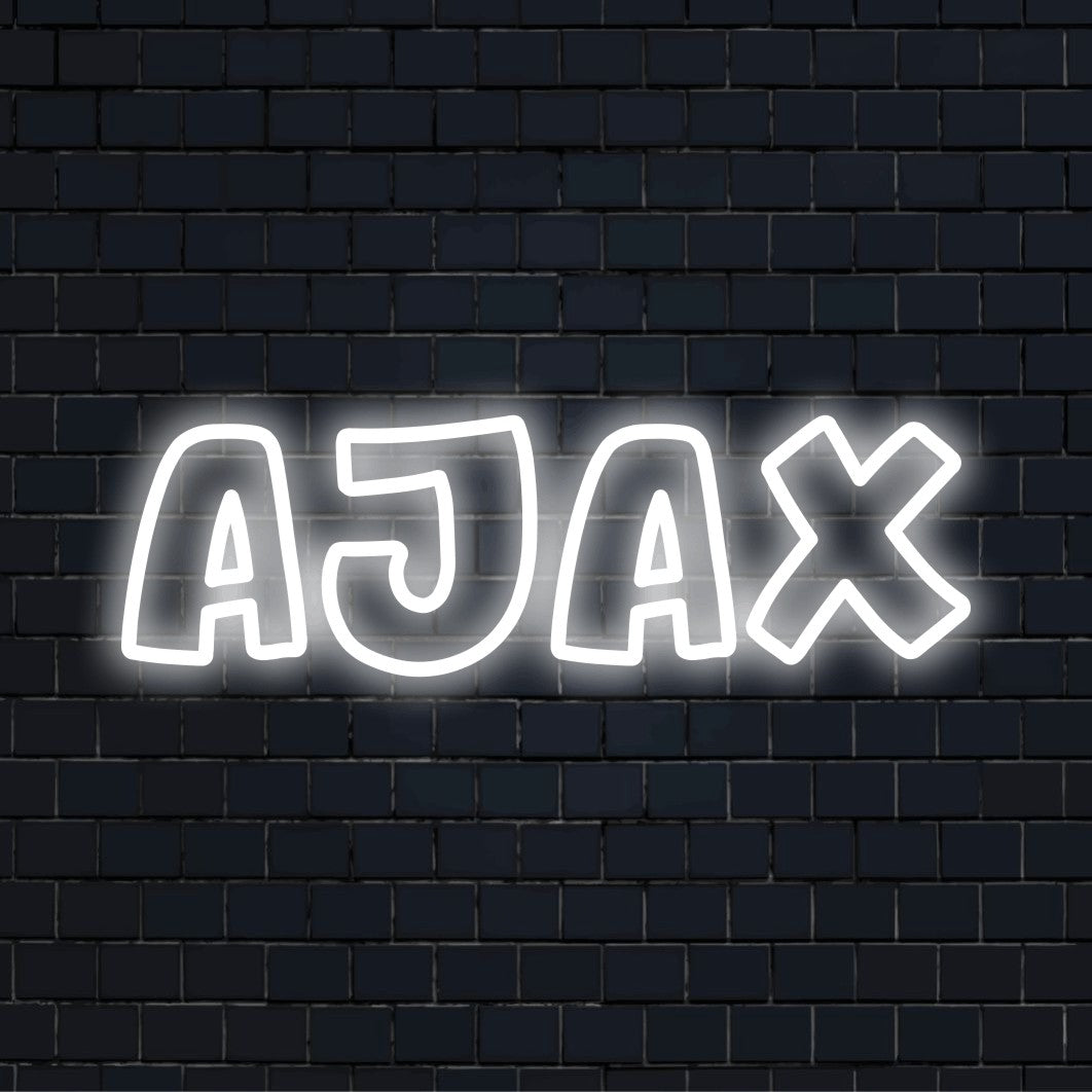 Ajax Neon Sign, soft neon glow against black brick wall