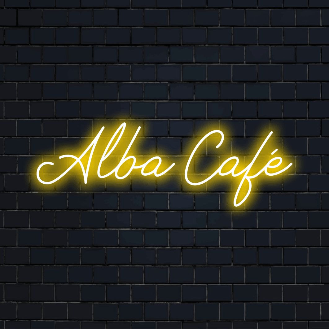 Alba Cafe Custom Name Neon Sign, glowing lettering on dark brick background