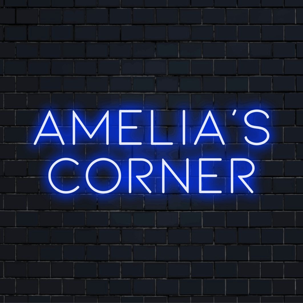 Amelia_s Corner Custom Name Neon Sign, bright LED glow against black brick wall