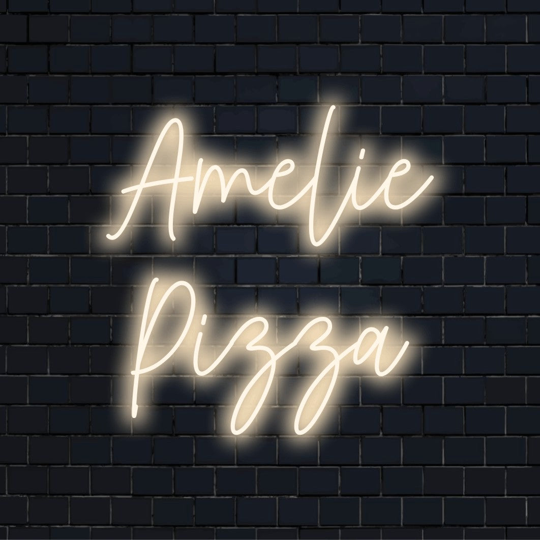 Amelie Pizza Custom Name Neon Sign, glowing lettering on dark brick background