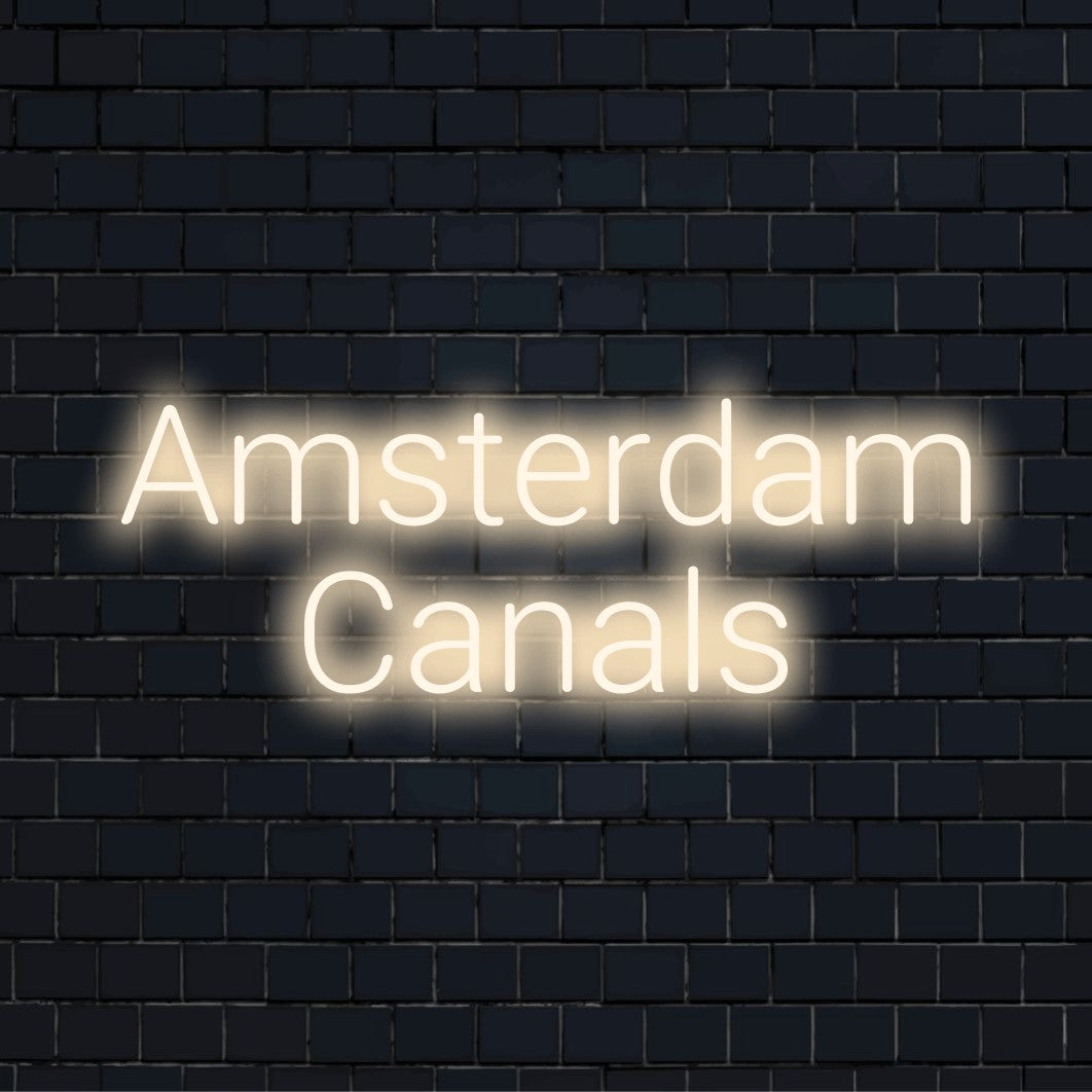 Amsterdam Canals Neon Sign, bright LED glow against brick backdrop