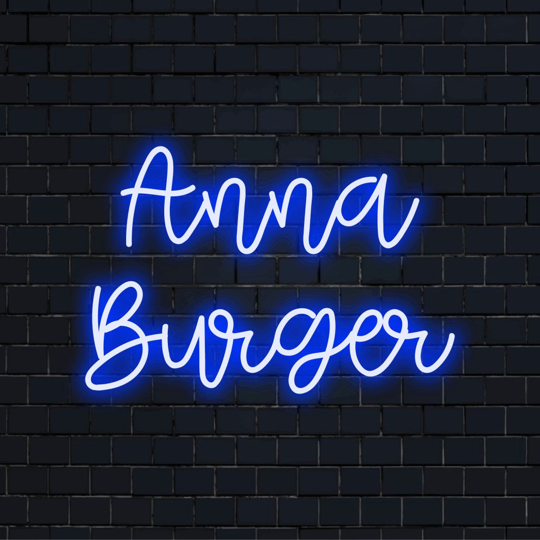 Anna Burger Personalized LED Neon Sign, bright LED glow on dark brick background