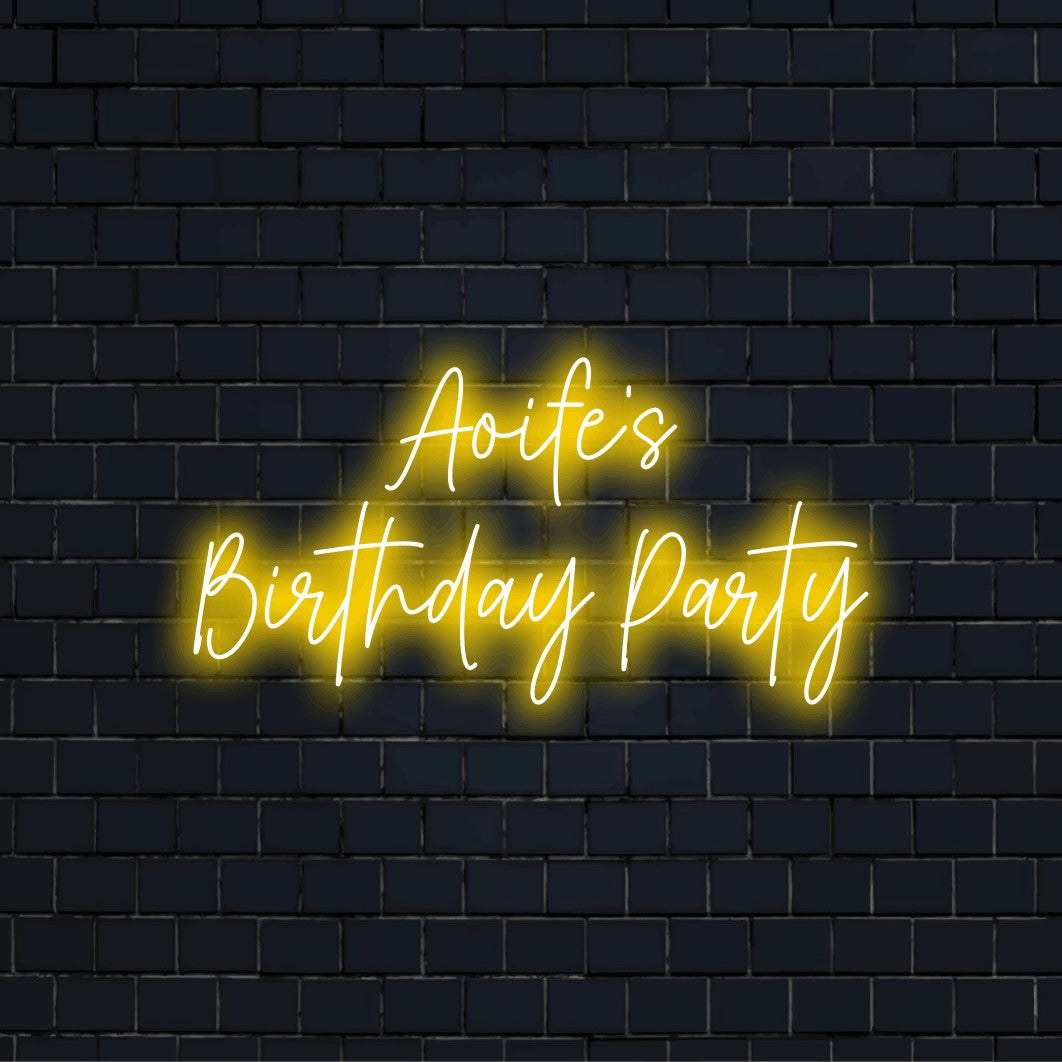 Aoife_s Birthday Party Personalized Neon Light with neon text light on dark brick background