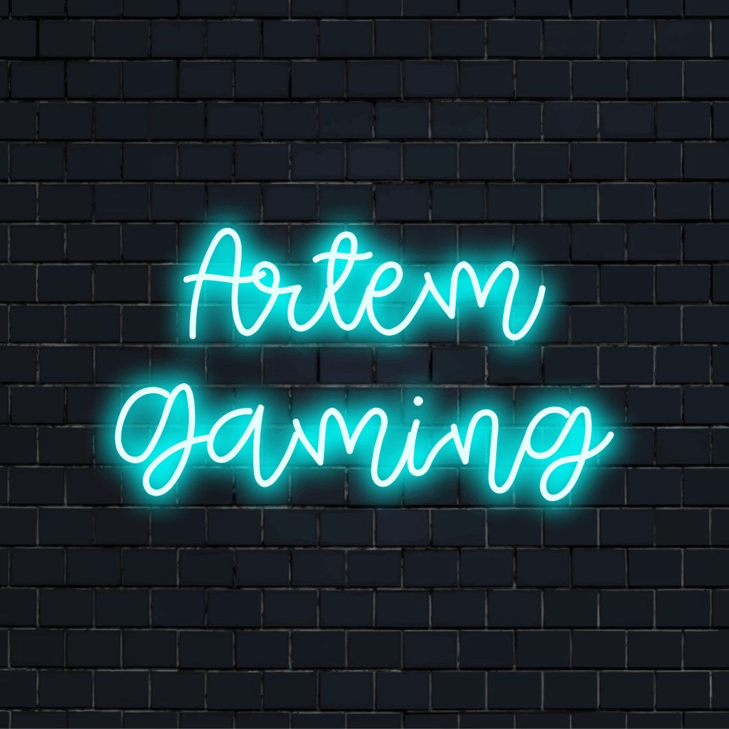 Artem Gaming Personalized LED Neon Sign, soft neon glow against brick backdrop