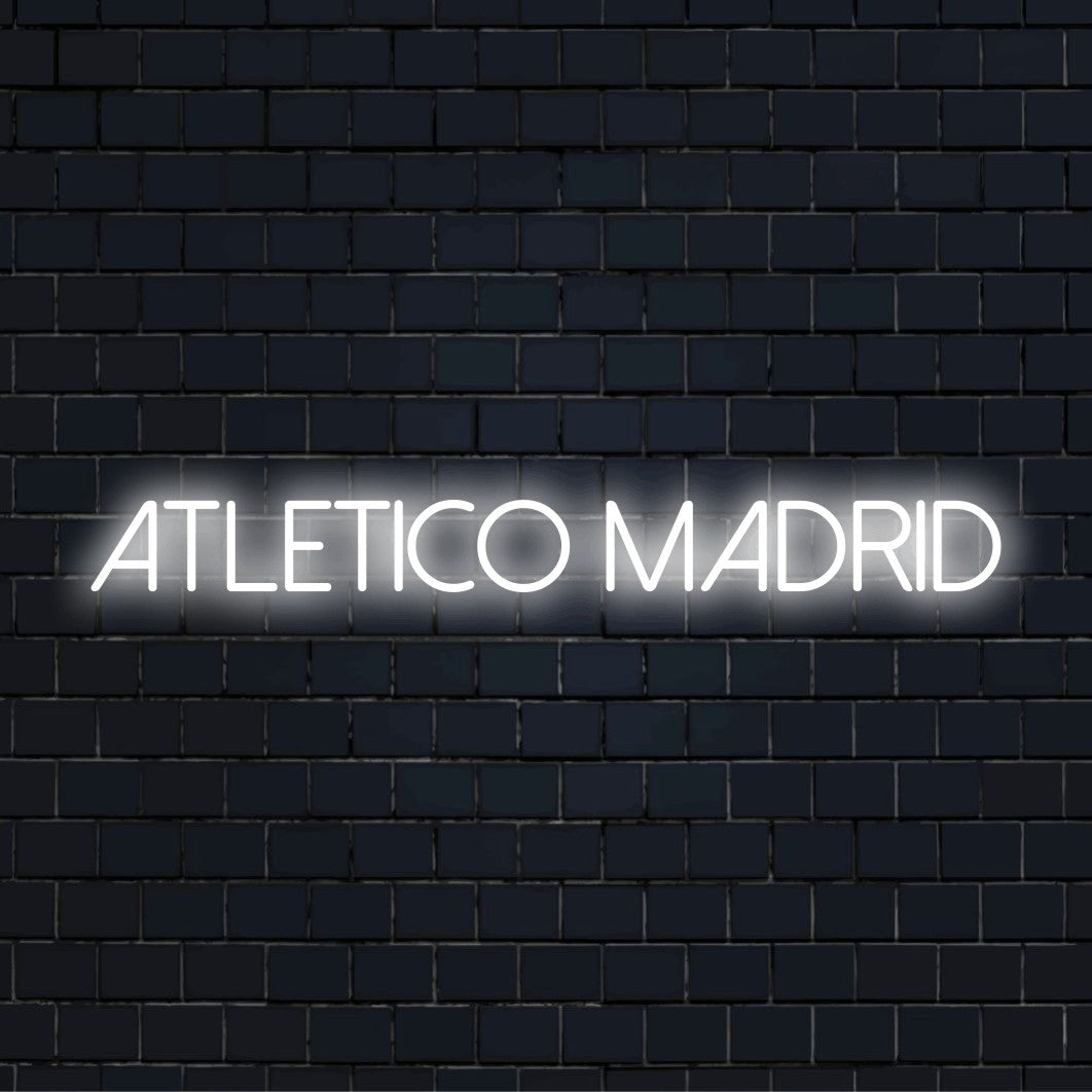 Atletico Madrid Neon Sign, glowing wall decor on dark brick wall