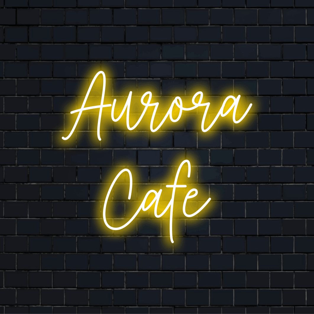 Aurora Cafe Personalized LED Neon Sign, glowing wall decor on black brick background