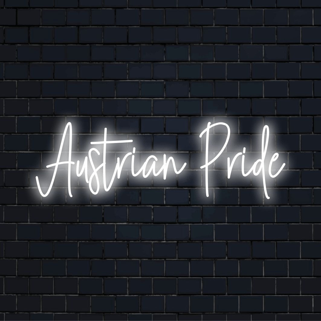 Austrian Pride LED Neon Sign, glowing wall decor on dark brick wall