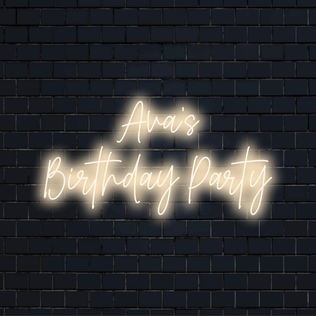 Ava_s Birthday Party Personalized LED Neon Sign, soft neon glow against black brick wall