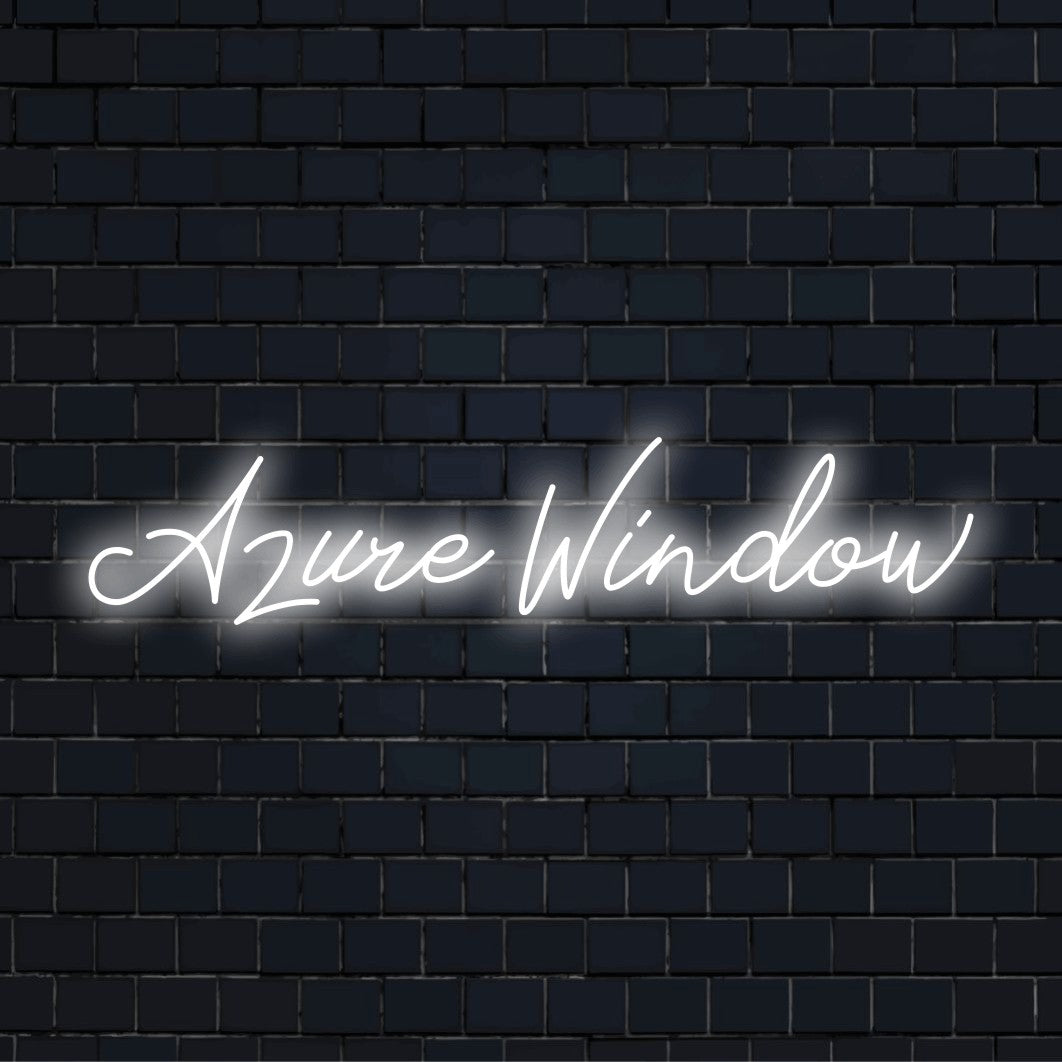 Azure Window Neon Sign, glowing neon text on dark brick wall