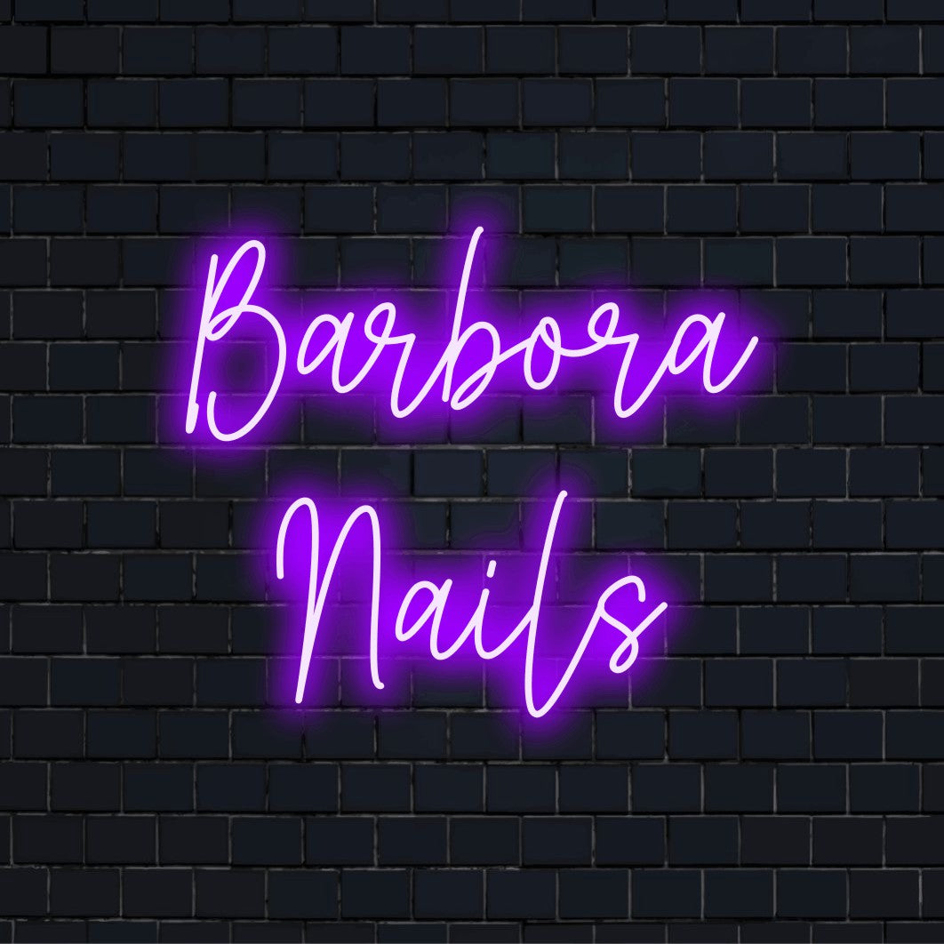 Barbora Nails Personalized LED Neon Sign, glowing lettering on dark brick background