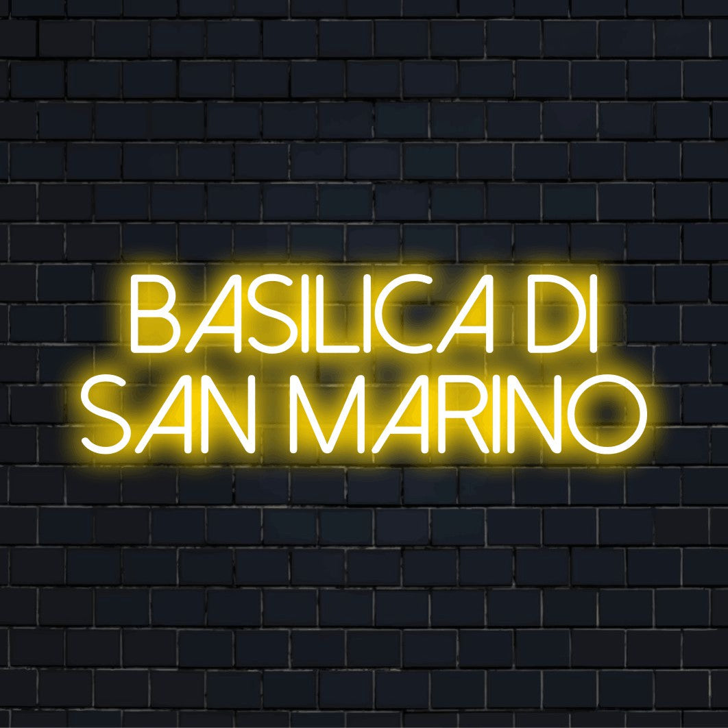 Basilica Di San Marino Neon Sign, glowing wall decor against black brick wall