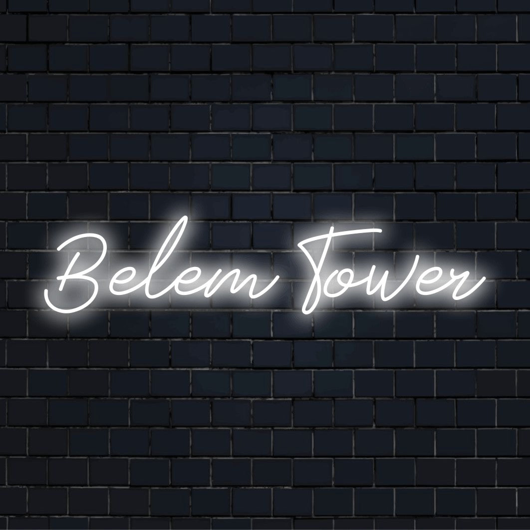 Belem Tower Neon Sign, glowing lettering against brick backdrop