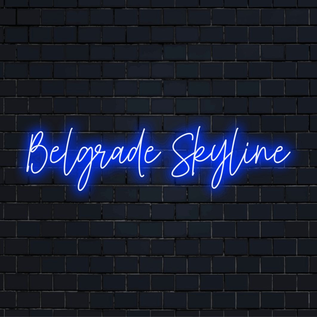 Belgrade Skyline Neon Light with glowing neon text against brick backdrop