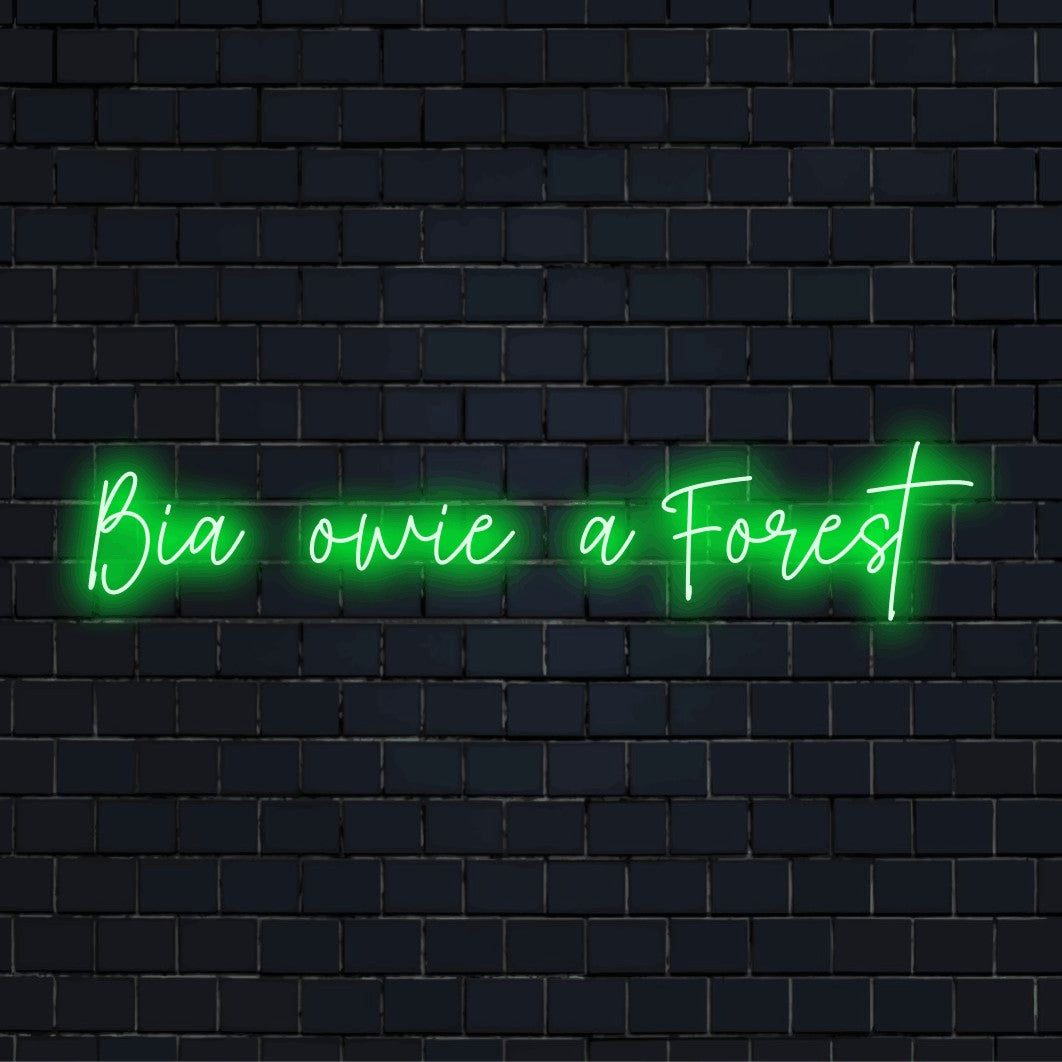 Bia Owie A Forest LED Neon Sign, bright neon glow on black brick background