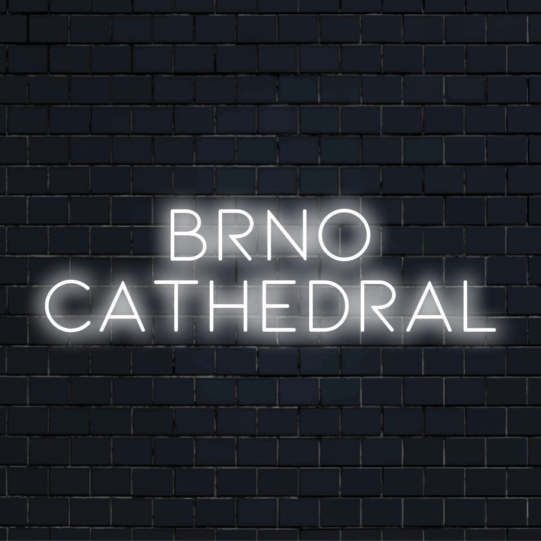 Brno Cathedral LED Neon Sign, neon text light on dark brick background
