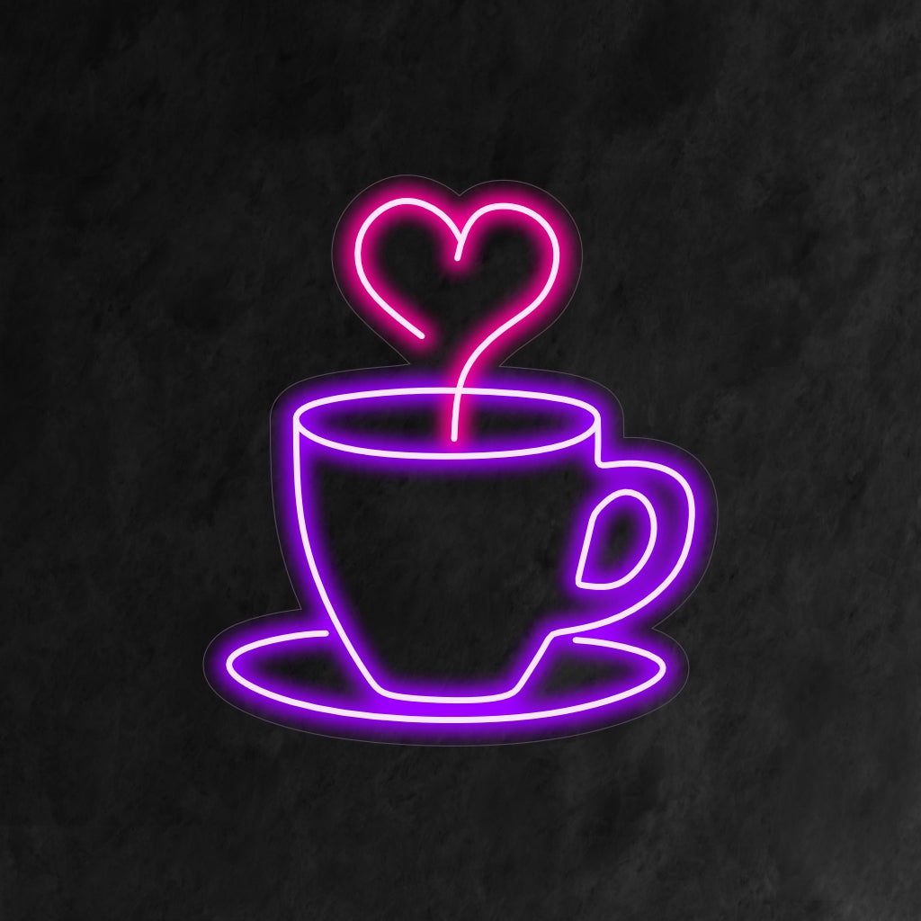 Neon LED personalizado em formato de coração com design de xícara de café; arte de parede neon perfeita e decoração de luz.