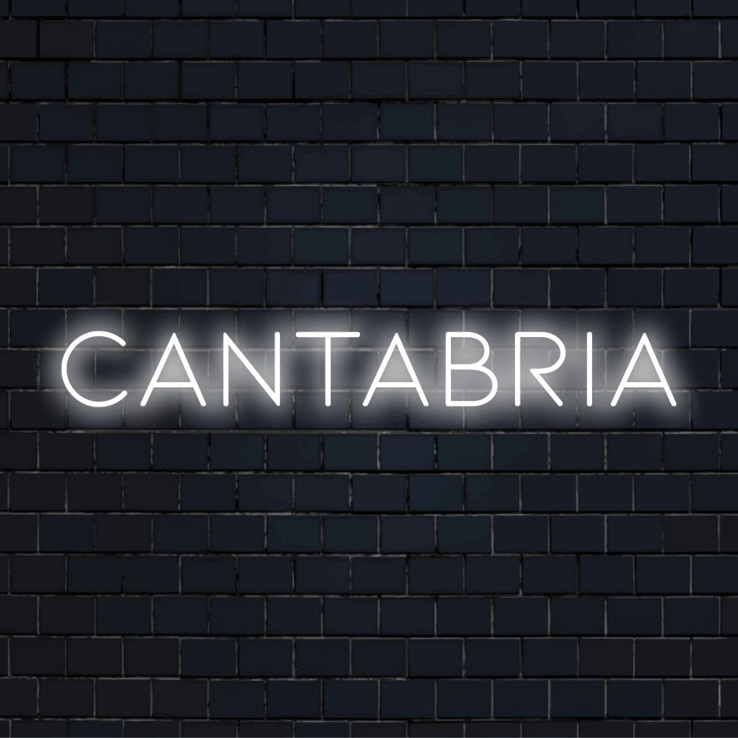 Cantabria Neon Sign, glowing wall decor on dark brick wall