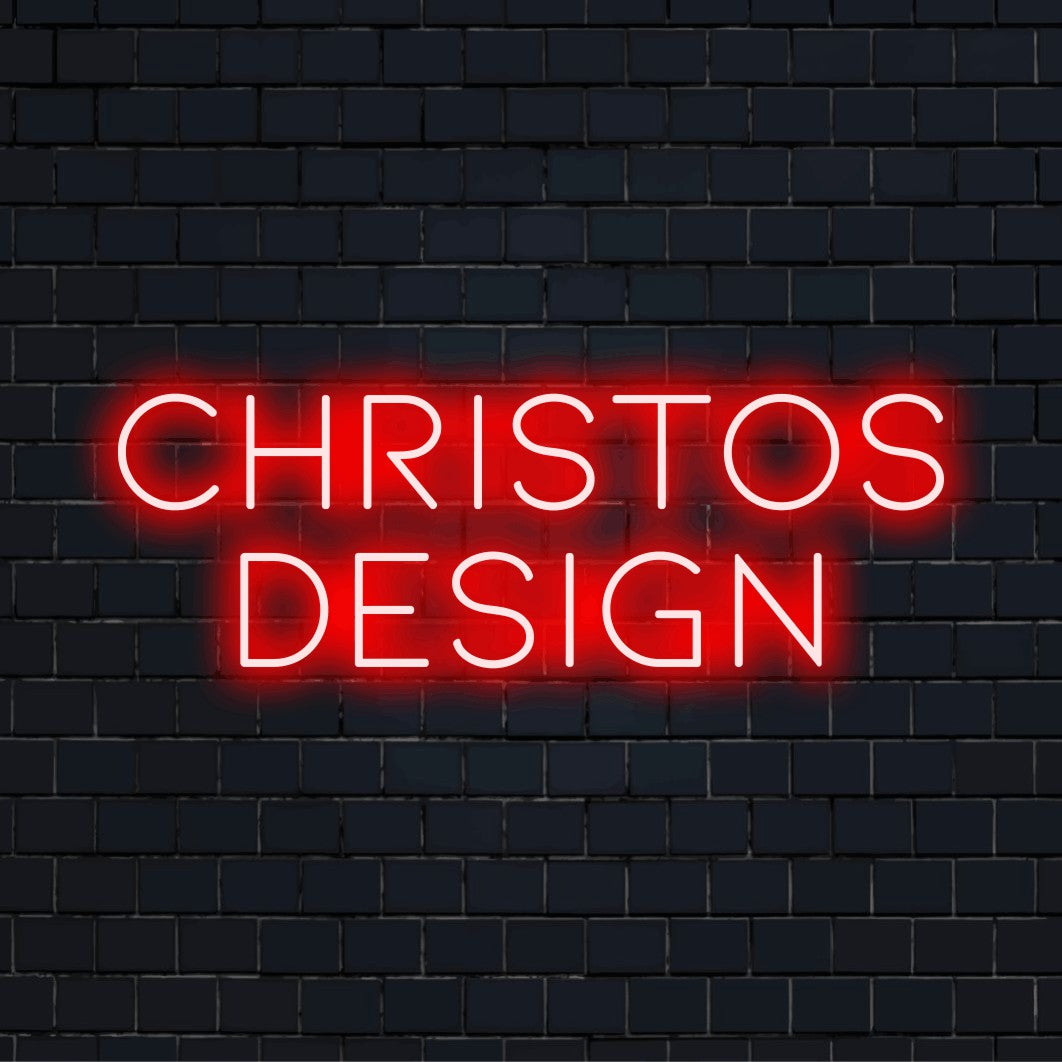 Christos Design Custom Name Neon Sign, glowing lettering against black brick wall