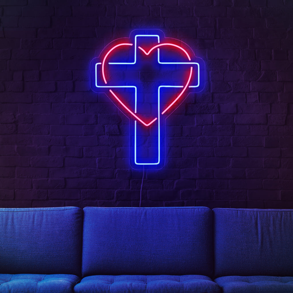 "Placa de neon com cruz e coração" ��� Uma luz de neon espiritual exibindo uma cruz e um coração simbólicos, infundindo calor ao seu espaço.