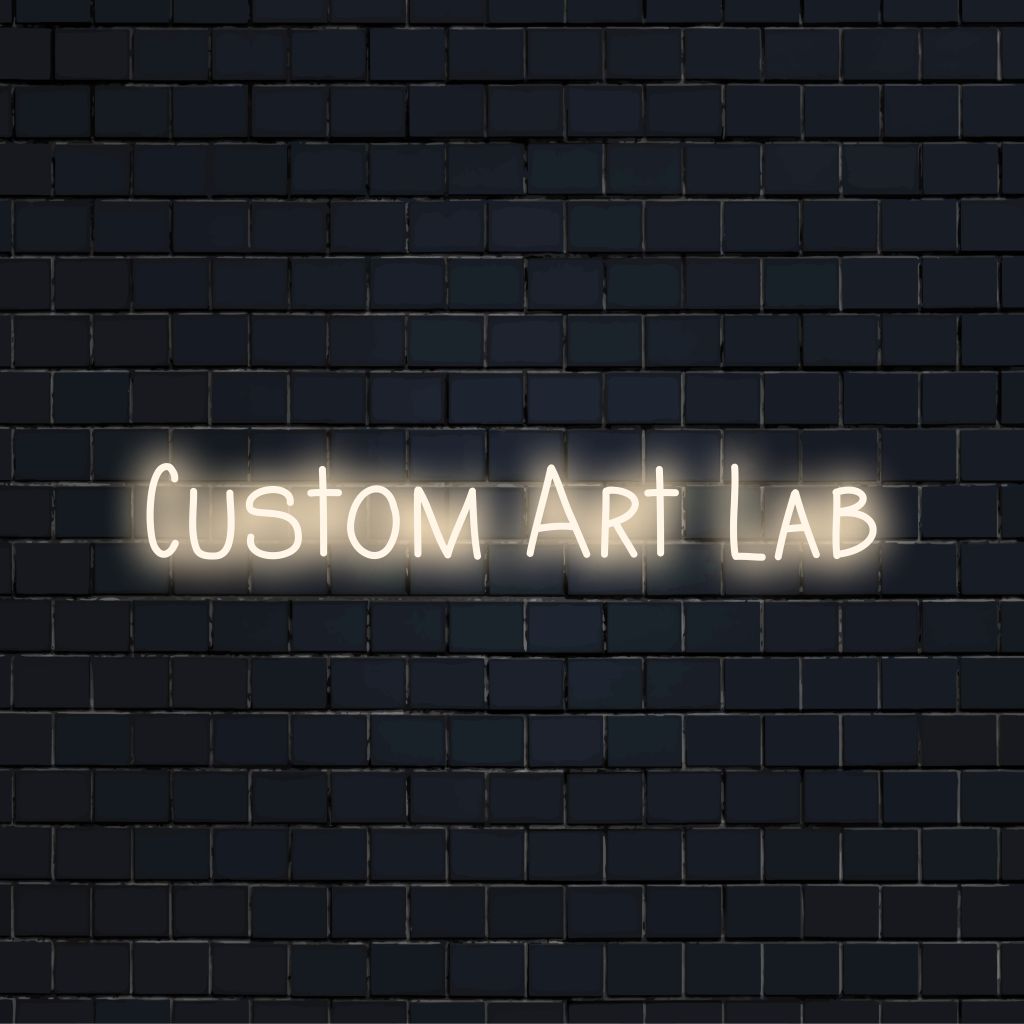 Custom Art Lab LED Neon Sign, bright LED glow on black brick background