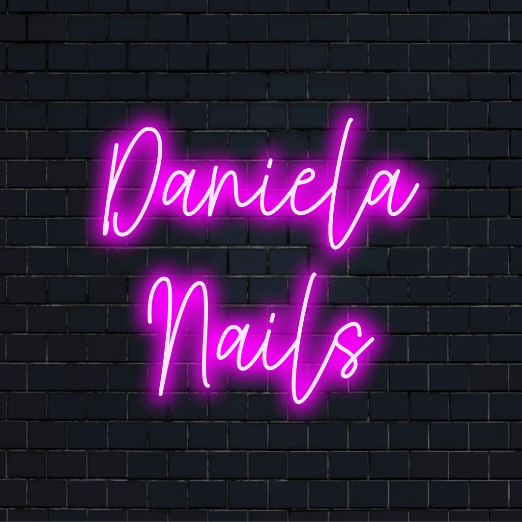 Daniela Nails Custom Name Neon Sign, glowing wall decor on dark brick background