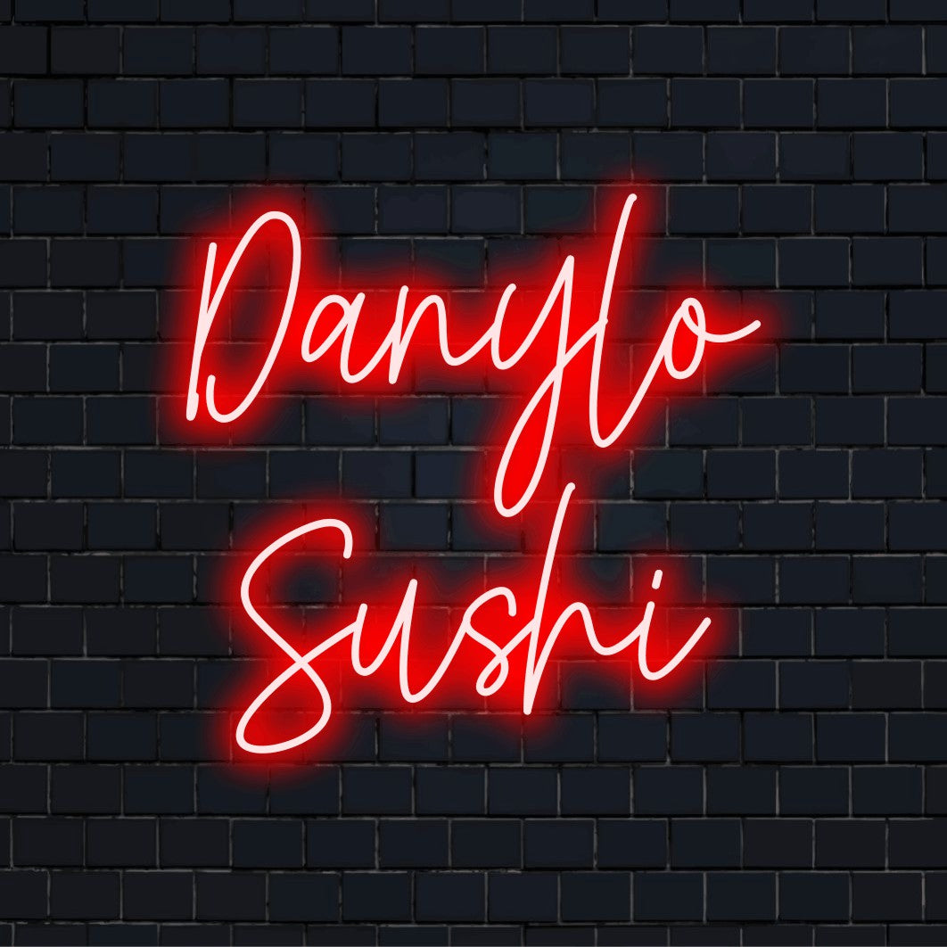 Danylo Sushi Personalized LED Neon Sign, glowing wall decor on dark brick wall