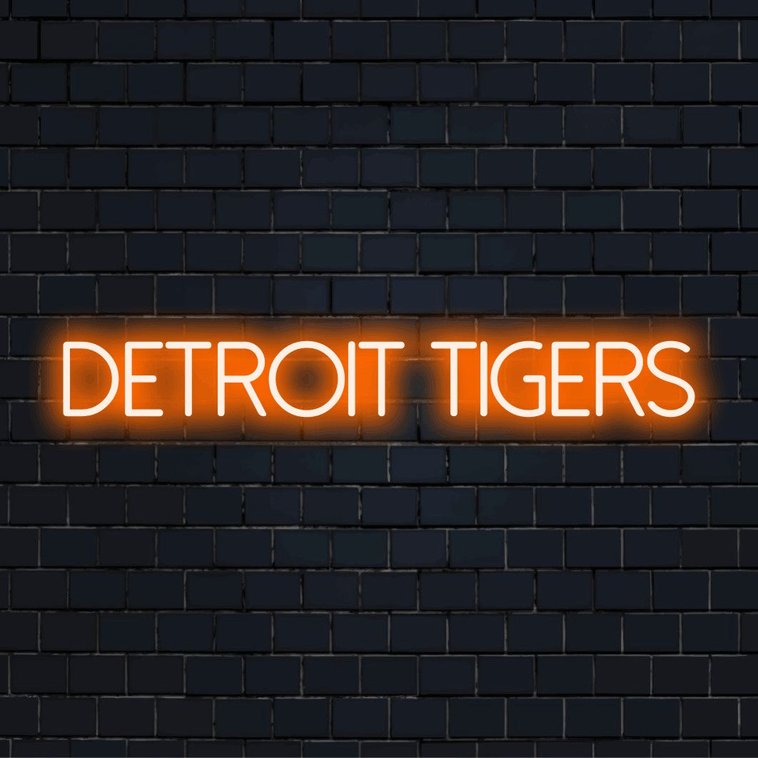 Detroit Tigers LED Neon Sign, glowing neon text on dark brick wall
