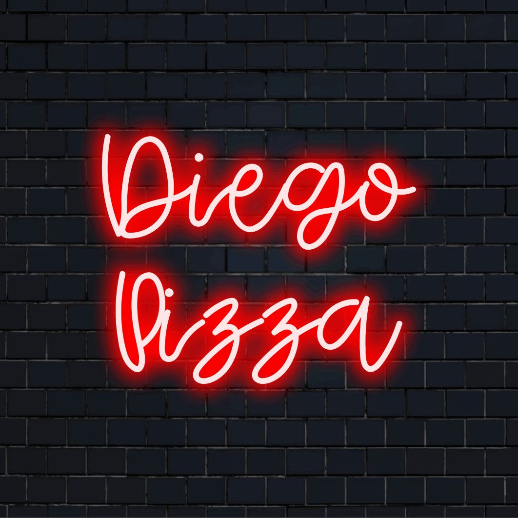 Diego Pizza Personalized Neon Light with bright neon glow on black brick background