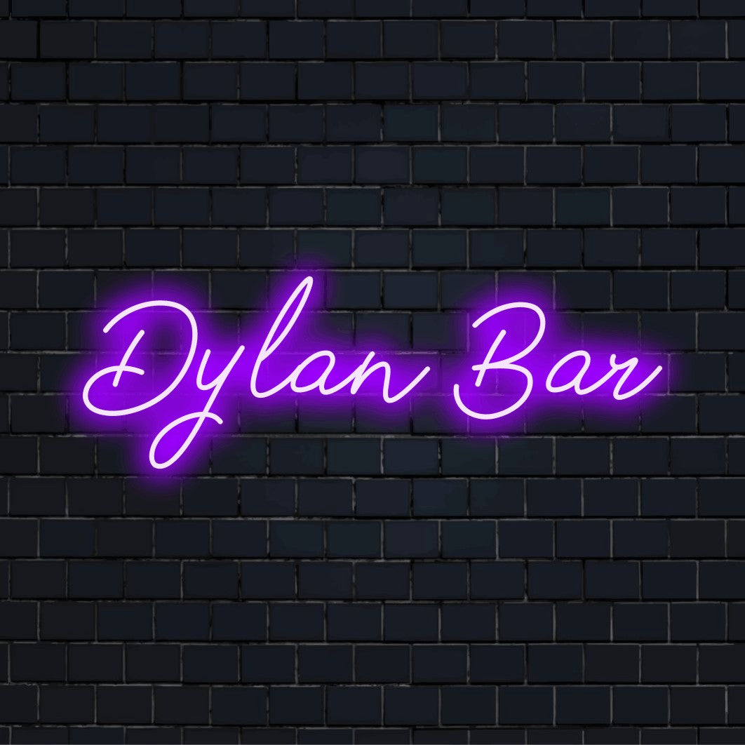 Dylan Bar Personalized LED Neon Sign, bright LED glow against brick backdrop