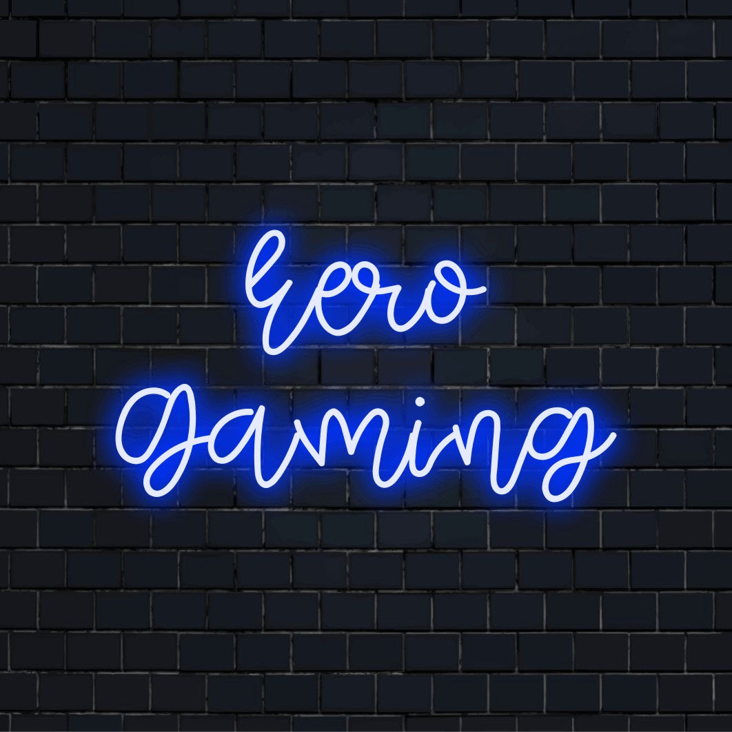 Eero Gaming Custom Name Neon Sign, glowing lettering against brick backdrop