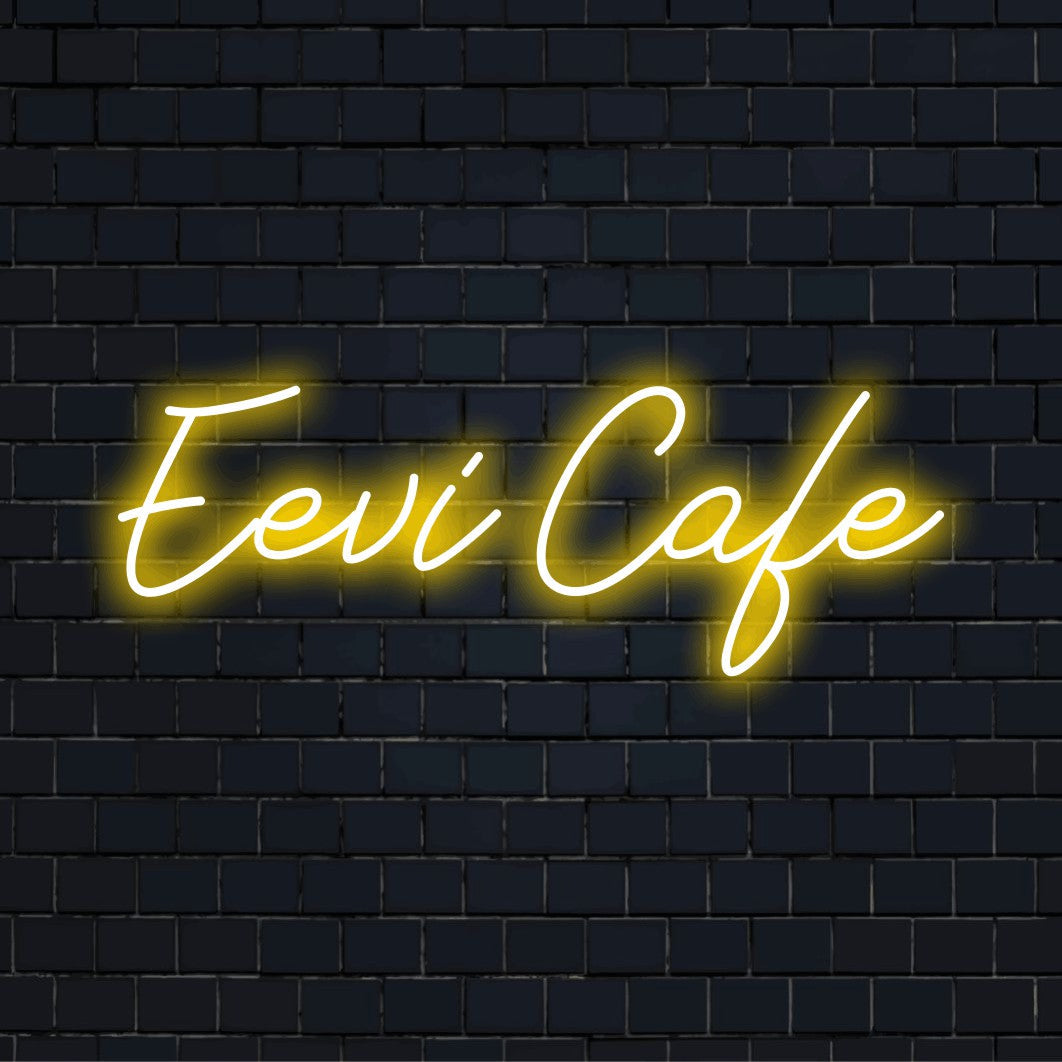 Eevi Cafe Personalized Neon Light with glowing neon text on dark brick wall