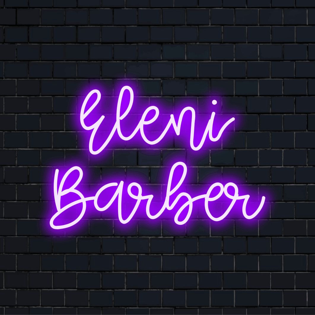 Eleni Barber Personalized Neon Light with glowing neon text on black brick background