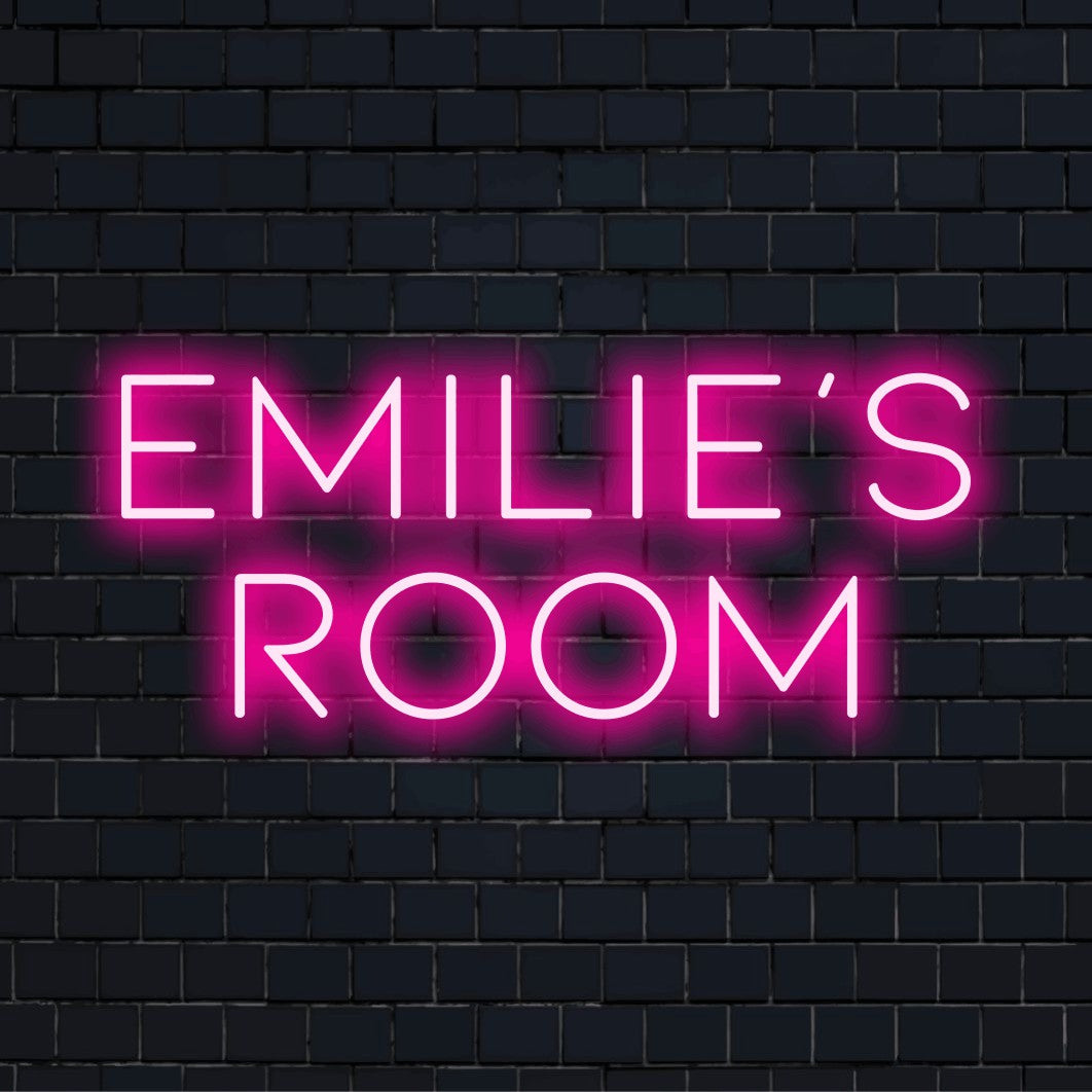 Emilie_s Room Personalized Neon Light with soft neon glow on black brick background