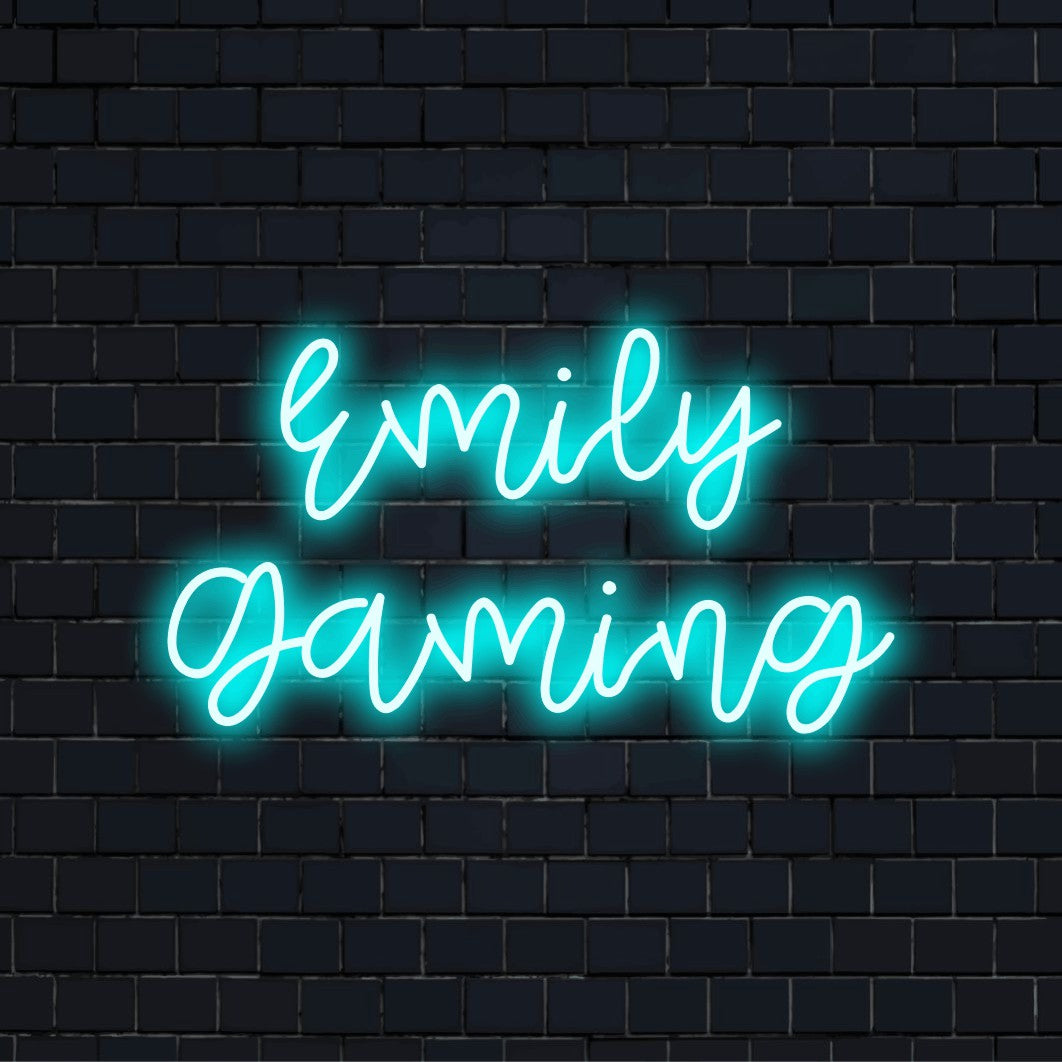 Emily Gaming Custom Name Neon Sign, neon text light on dark brick background