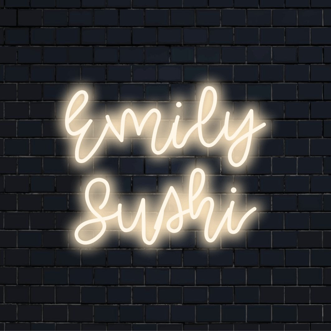 Emily Sushi Personalized LED Neon Sign, glowing lettering against brick backdrop