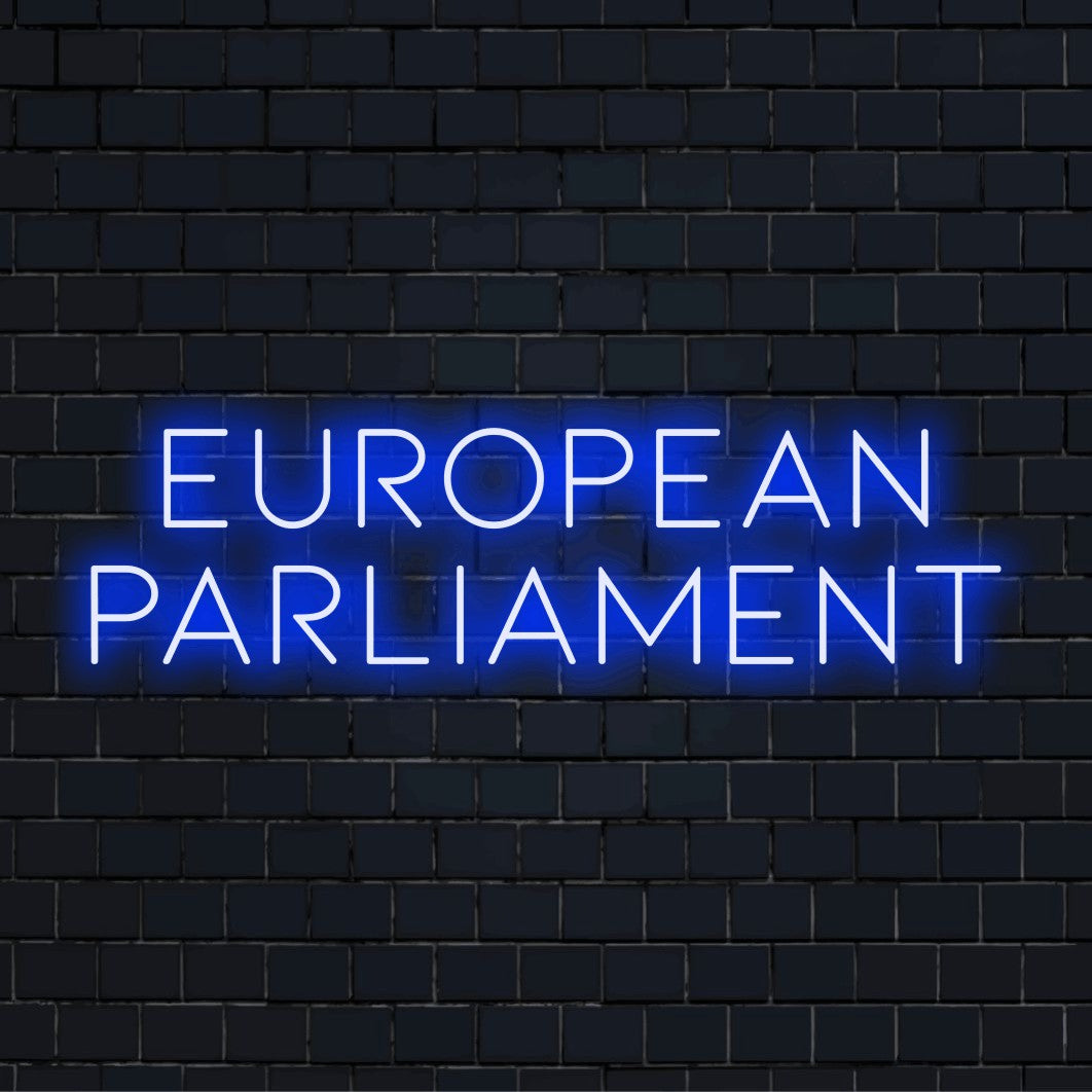 European Parliament LED Neon Sign, glowing neon text against black brick wall