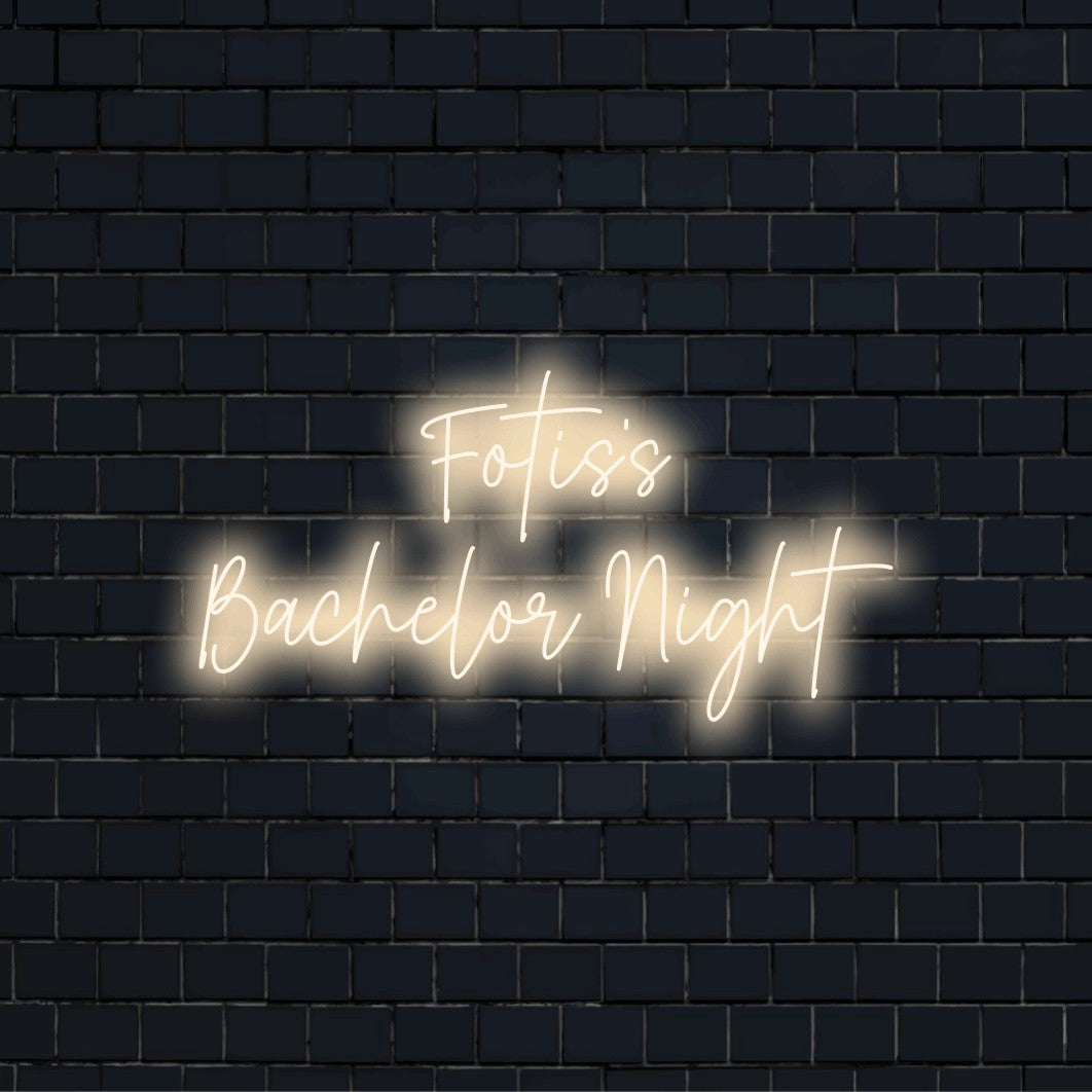Fotis_s Bachelor Night Custom Name Neon Sign, glowing lettering on dark brick wall