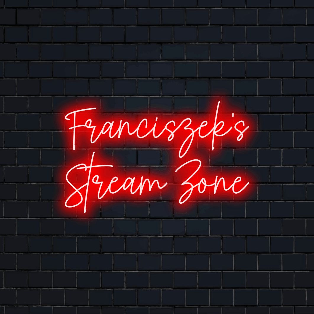 Franciszek_s Stream Zone Custom Name Neon Sign, bright neon lettering on dark brick background